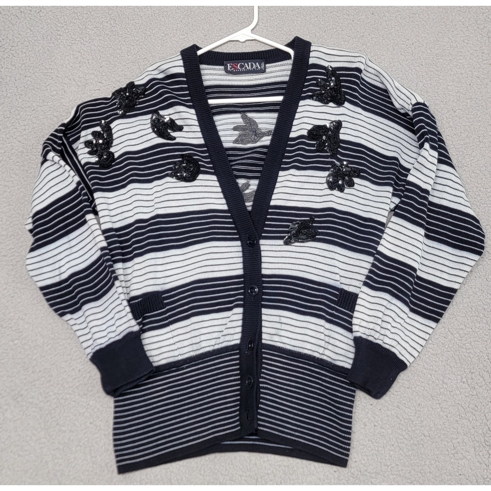 Escada Sweater Womens 36 Black White Striped Sequin Cardigan Germany Cotton Knit